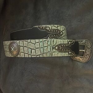 Embossed Crocodile Pattern Belt with Ornate Buckle